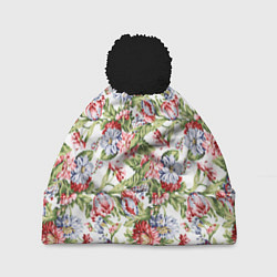 Шапка с помпоном Цветы, цвет: 3D-черный