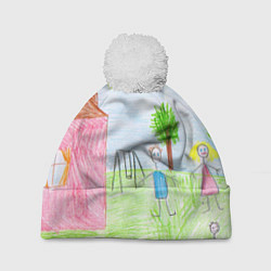 Шапка с помпоном Детские рисунки, цвет: 3D-белый