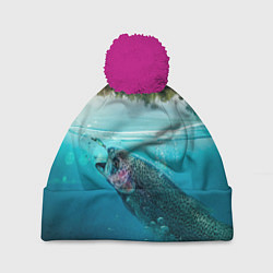 Шапка с помпоном Рыбалка на спиннинг, цвет: 3D-малиновый