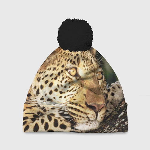 Шапка c помпоном Леопард в лесу / 3D-Черный – фото 1