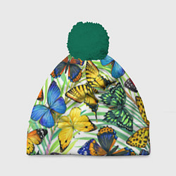 Шапка с помпоном Тропические бабочки, цвет: 3D-зеленый
