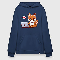 Толстовка-худи оверсайз Cute fox and laptop, цвет: тёмно-синий