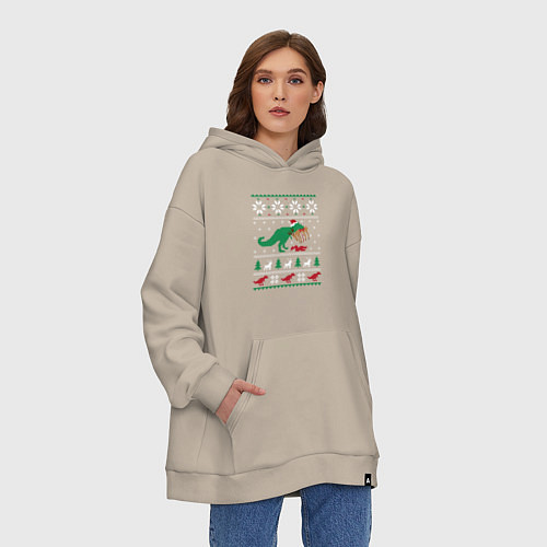 Худи оверсайз Новогодний тирекс - ugly sweater / Миндальный – фото 3