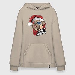 Толстовка-худи оверсайз Pug merry christmas, цвет: миндальный
