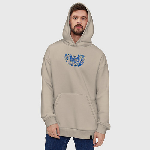 Худи оверсайз Синяя птица в орнаменте гжель / Миндальный – фото 4