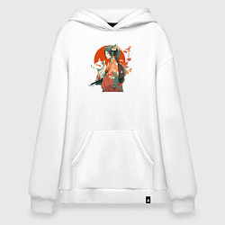 Толстовка-худи оверсайз Аниме девочка - кошка и волк, цвет: белый