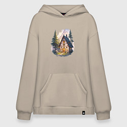 Толстовка-худи оверсайз Сказочный домик в лесу в горах, цвет: миндальный