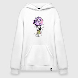 Толстовка-худи оверсайз Воздушный шар из рыбы фугу и рыбак с удочкой, цвет: белый