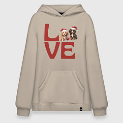 Толстовка-худи оверсайз Собаки в новогодних колпаках - любовь, цвет: миндальный