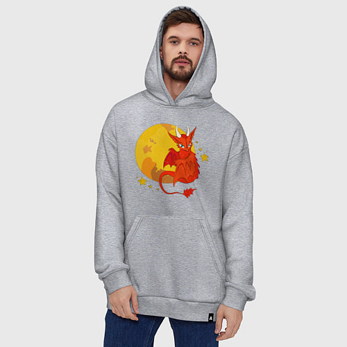 Худи оверсайз Красный дракон на фоне луны / Меланж – фото 4