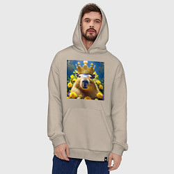 Толстовка-худи оверсайз Мем капибара царь на троне и желтые цветы, цвет: миндальный — фото 2
