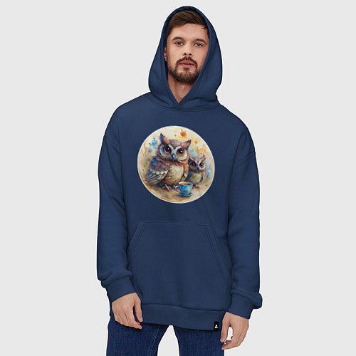 Худи оверсайз Совушки с кофе / Тёмно-синий – фото 4