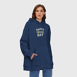 Толстовка-худи оверсайз Happy f**king day - надпись и смайл, цвет: тёмно-синий — фото 2