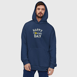 Толстовка-худи оверсайз Happy f**king day - надпись и смайл, цвет: тёмно-синий — фото 2