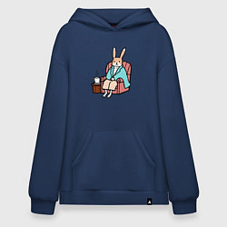 Толстовка-худи оверсайз Заяц согревается с чашкой чая, цвет: тёмно-синий