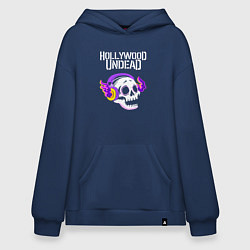Толстовка-худи оверсайз Hollywood Undead - неоновый череп, цвет: тёмно-синий