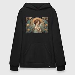 Толстовка-худи оверсайз Красивая девушка ар-нуво, цвет: черный