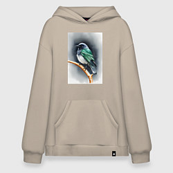 Толстовка-худи оверсайз Птичка на ветке, цвет: миндальный