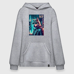 Толстовка-худи оверсайз Крутой волчара в ночном Нью-Йорке - нейроарт, цвет: меланж