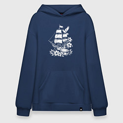 Толстовка-худи оверсайз Пиратский бриг сокровища и попугаи, цвет: тёмно-синий