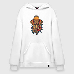 Толстовка-худи оверсайз Слон на фоне солнца с розами в стиле тату, цвет: белый