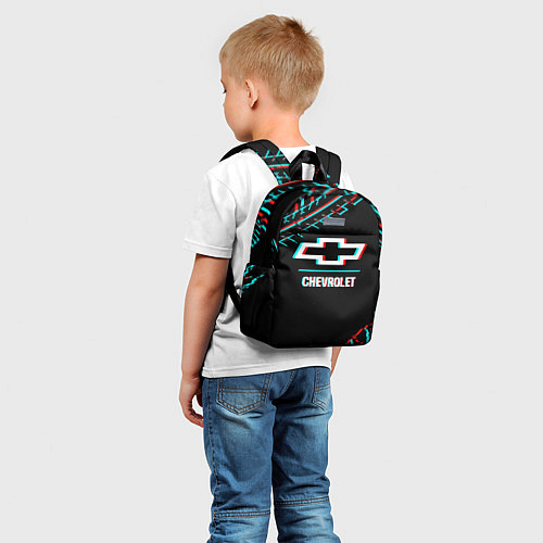 Детский рюкзак Значок Chevrolet в стиле glitch на темном фоне / 3D-принт – фото 5
