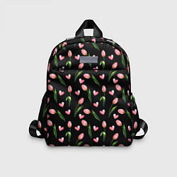 Детский рюкзак Тюльпаны и сердечки на черном - паттерн, цвет: 3D-принт