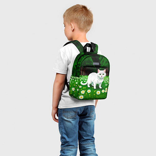 Детский рюкзак Белый кот на лугу пиксель арт / 3D-принт – фото 5