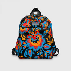 Детский рюкзак Хохломская роспись разноцветные цветы на чёроном ф, цвет: 3D-принт