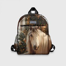 Детский рюкзак Белая лошадка лежит у новогодней елки, цвет: 3D-принт