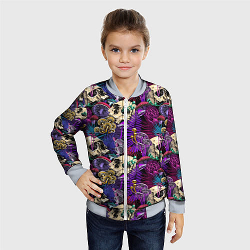 Детский бомбер Психоделика - черепа и грибы / 3D-Серый – фото 4