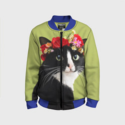 Бомбер детский Кот и цветы, цвет: 3D-синий
