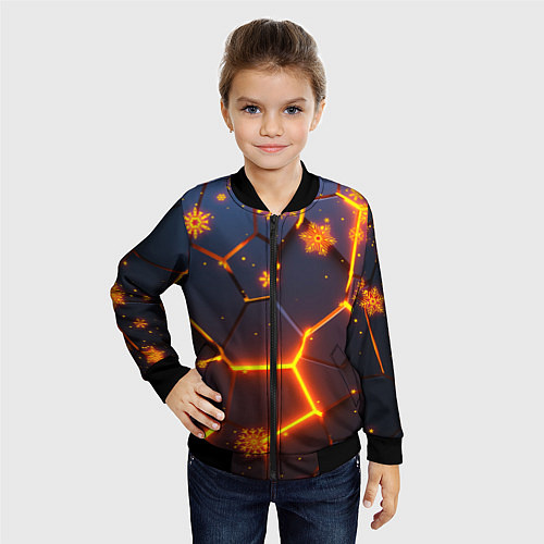 Детский бомбер НОВОГОДНИЕ ОГНЕННЫЕ 3D ПЛИТЫ FIRE NEON HEXAGON / 3D-Черный – фото 4