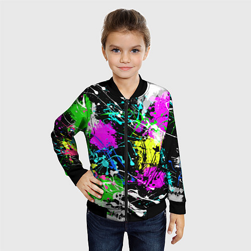 Детский бомбер Разноцветные пятна краски на черном фоне / 3D-Черный – фото 4