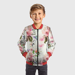Бомбер детский Цветы Нарисованные Магнолии и Разноцветные Птицы, цвет: 3D-красный — фото 2