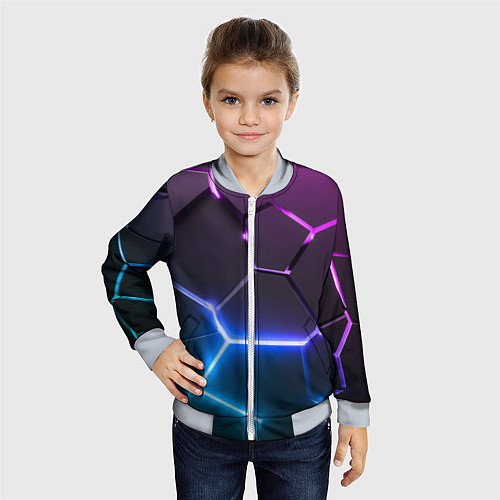Детский бомбер Фиолетовый градиент - неоновые геометрические плит / 3D-Серый – фото 4