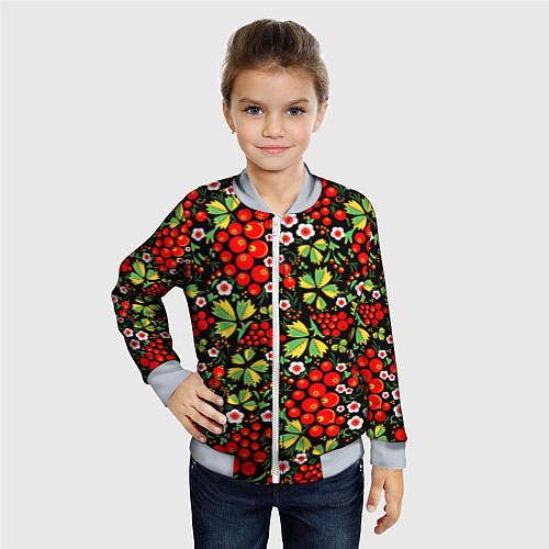 Детский бомбер Русские узоры - цветы и ягоды / 3D-Серый – фото 4