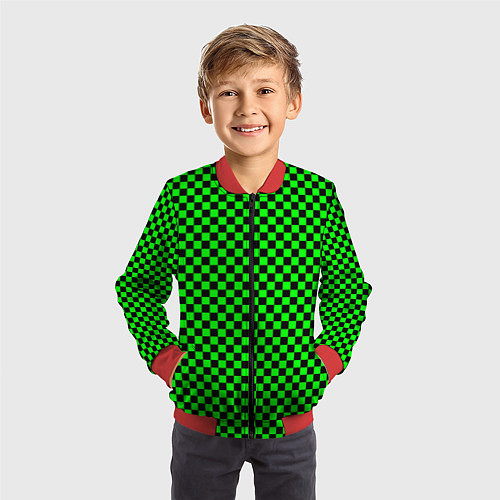 Детский бомбер Зелёная шахматка - паттерн / 3D-Красный – фото 3