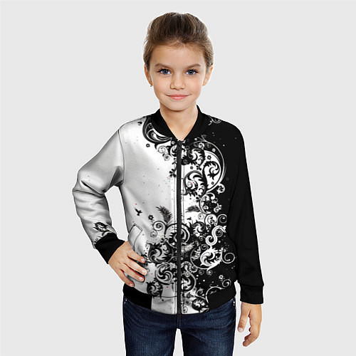 Детский бомбер Черно-белая птица среди узорчатых цветов / 3D-Черный – фото 4