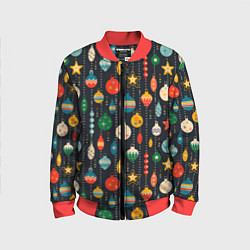 Детский бомбер Новогодние ёлочные игрушки на черном фоне