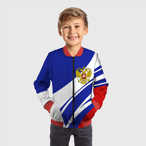 Детский бомбер Герб России на абстрактных полосах / 3D-Красный – фото 3