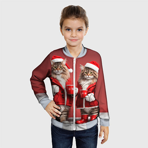 Детский бомбер С новым котом - два кота в костюмах Санты / 3D-Серый – фото 4