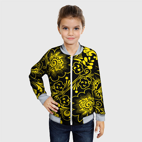 Детский бомбер Хохломская роспись золотые цветы на чёроном фоне / 3D-Серый – фото 4