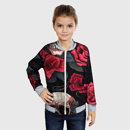 Детский бомбер Черепа с красными розами / 3D-Серый – фото 4