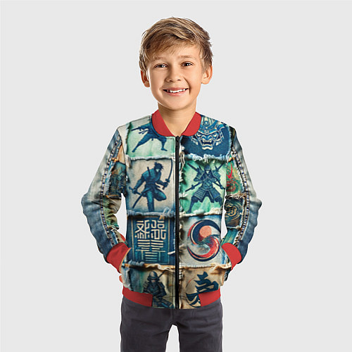 Детский бомбер Самураи на пэчворк дениме / 3D-Красный – фото 3