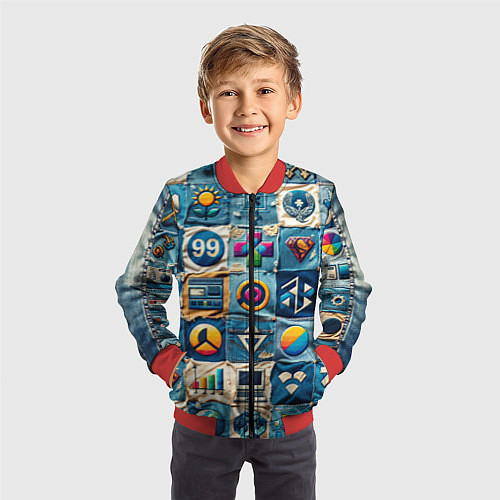 Детский бомбер Пэчворк деним из девяностых / 3D-Красный – фото 3