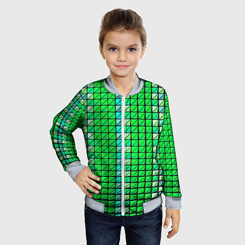 Детский бомбер Зелёные плитки и чёрная обводка / 3D-Серый – фото 4