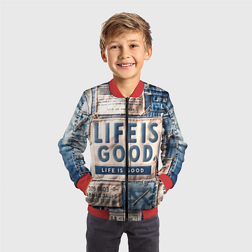 Детский бомбер Жизнь прекрасна- пэчворк / 3D-Красный – фото 3