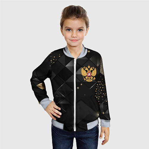 Детский бомбер Золотой герб России на черно-золотой текстуре / 3D-Серый – фото 4