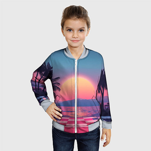 Детский бомбер Пальмы на шахматном полу с видом на закат / 3D-Серый – фото 4